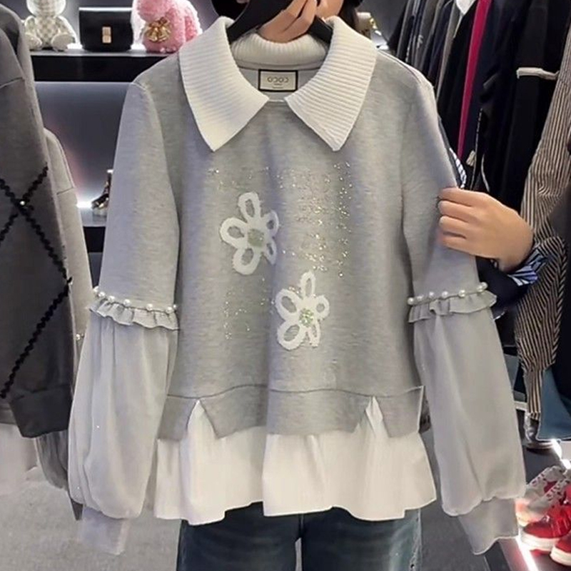 假两件网纱拼接长袖卫衣撞色上衣