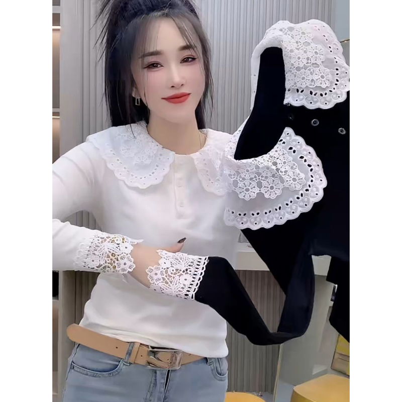 超好看蕾丝拼娃娃领长袖t恤上衣