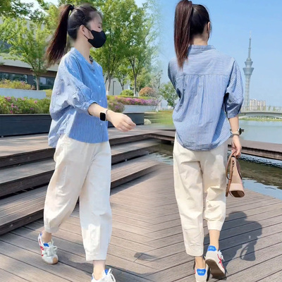 夏日韩系穿搭套装条纹衬衫束脚裤