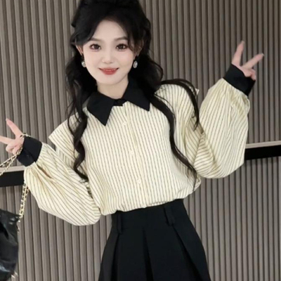 韩版时尚撞色条纹衬衫超好看上衣