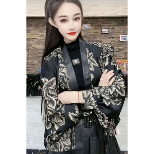 时尚 新中式 外套女2025秋新款 开衫 印花设计宽松上衣 复古国风蝙蝠袖