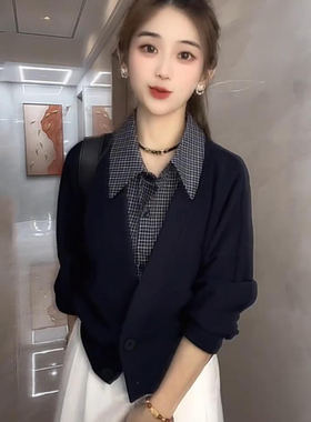 韩版时尚假两件格纹拼接长袖衬衫女2025秋冬新款小众设计宽松上衣