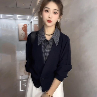 女2025秋冬新款 韩版 衬衫 假两件格纹拼接长袖 小众设计宽松上衣 时尚