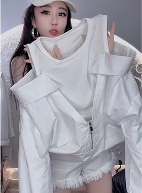 韩版时尚假两件拼接露肩设计长袖衬衫女2025秋季新款气质百搭上衣