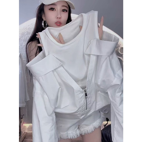 假两件拼接T恤圆领长袖露肩衬衫