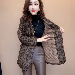 长袖 欧货时髦豹纹气质西装 夹棉保暖棉服中长款 新款 上衣 外套女冬季