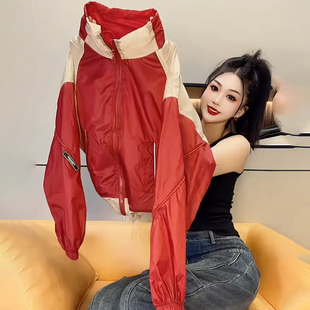 女夏2025新款 防晒衫 气质立领短外套冲锋夹克 撞色设计长袖 网红时尚