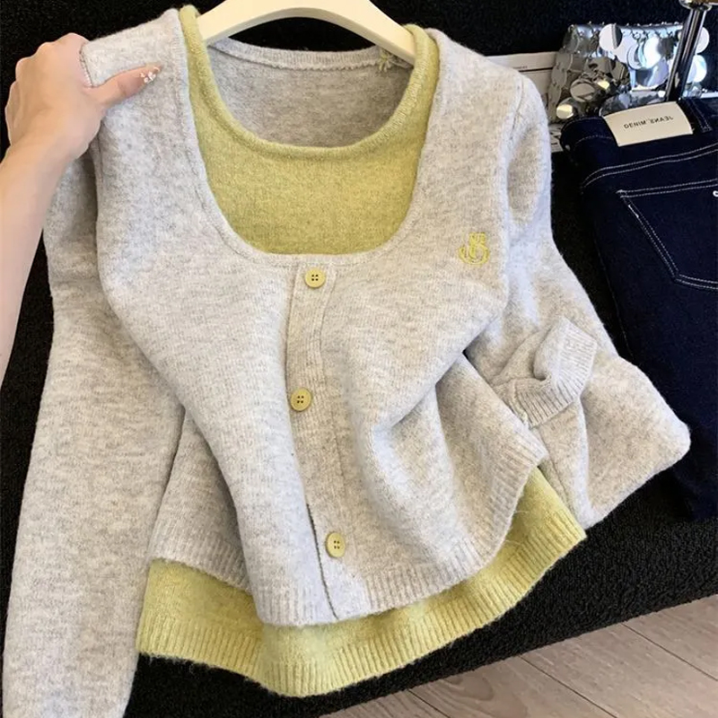 小众设计感假两件拼接撞色针织衫