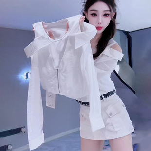 韩版时尚假两件拼接长袖衬衫女2026春秋新款甜辣性感露肩设计上衣