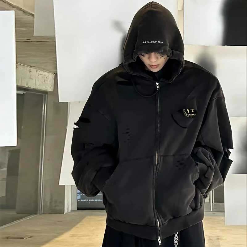 thumbnail for GRAILZ LEARL washed black worn-out ripped double zip sweatshirt Korean American hoodie coat