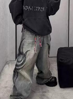 性价比！24FW 龙纹图腾印花 Y2K 竹节纹baggy抽绳水洗破坏牛仔裤