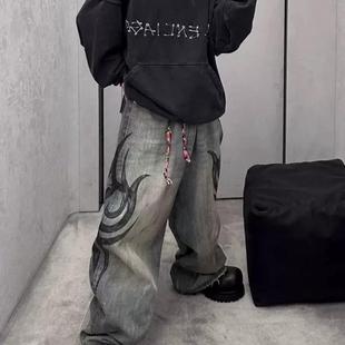 竹节纹baggy抽绳水洗破坏牛仔裤 性价比 Y2K 龙纹图腾印花 24FW