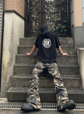 现货 GRAILZ LEARL 24SS 微喇机车风刷蜡拼接迷彩膝盖褶皱牛仔裤