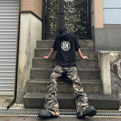 GRAILZ机车刷蜡拼接迷彩牛仔裤