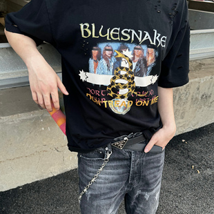 清仓 Grailz Learl Project25S做旧破坏复古乐队印花蛇年限定短袖