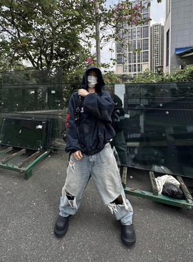 现货  设计师风格 24F夏季水洗刀割双膝破洞大破坏宽松直筒牛仔裤