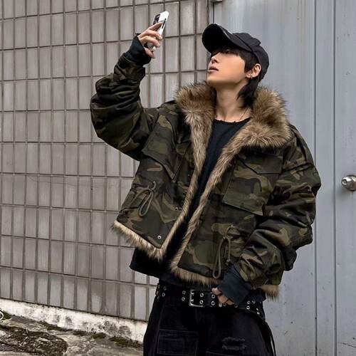 毛领迷彩徽章短款派克服