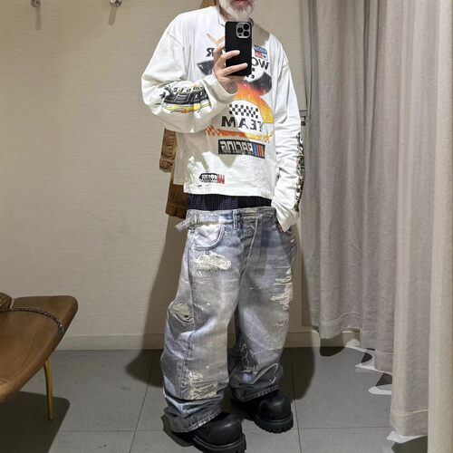 GrailzProtocol假两件双腰牛仔裤