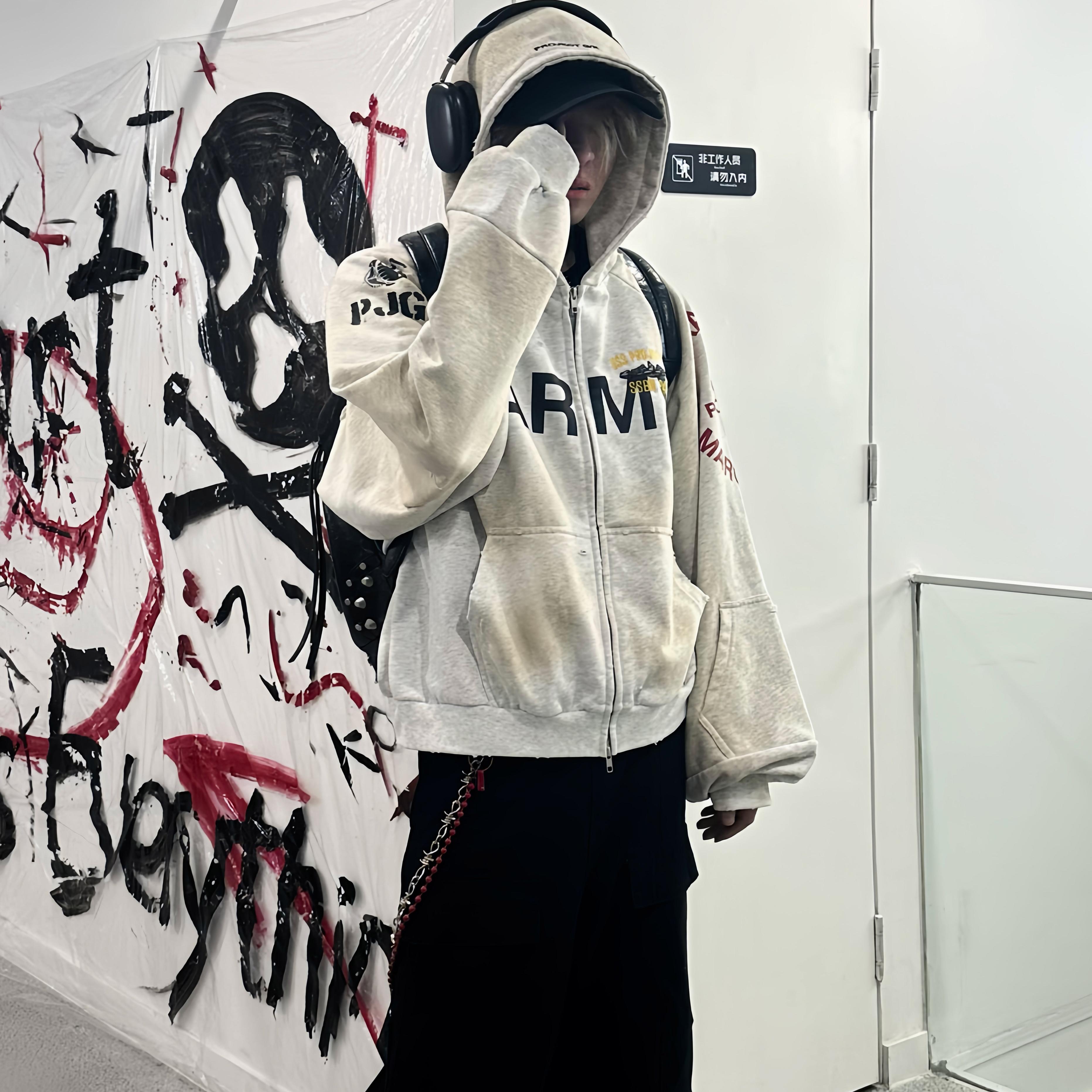 Grailz假两件印花拉链卫衣