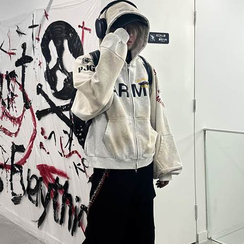 Grailz假两件印花拉链卫衣