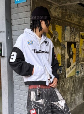 Grailz LEARL PROJECT G/R 25FW 做旧拼色战马刺绣拉链连帽卫衣男