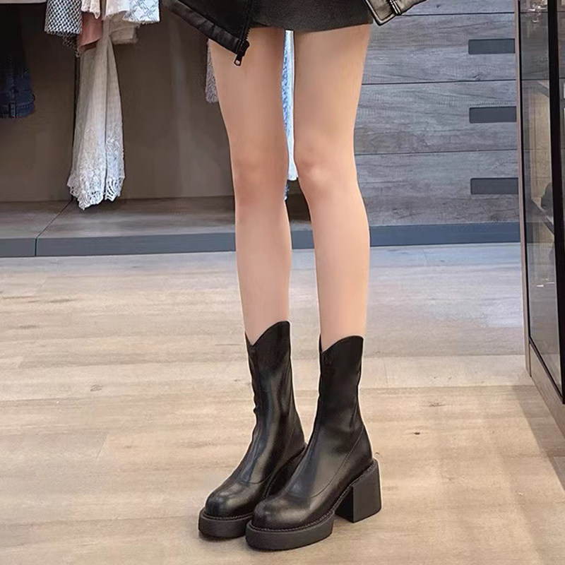 小个子弹力瘦瘦靴女2025年新款秋冬季加绒高跟短靴厚底粗跟马丁靴,女鞋,时装靴,淘宝优惠券,粉丝福利购,淘宝优惠卷