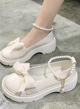 日系白色玛丽珍单鞋女2026新款厚底珍珠小皮鞋女蝴蝶结lolita鞋子