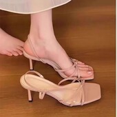 新款 时尚 气质显瘦细跟方头高跟鞋 2026夏季 小众设计感裸色露趾凉鞋