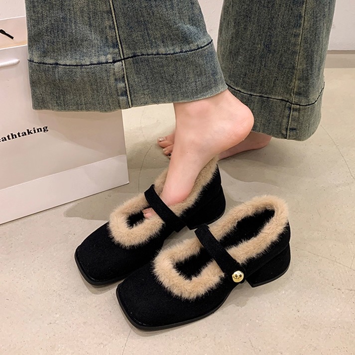 黑色气质粗跟法式加绒玛丽珍女鞋