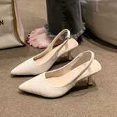 通勤单鞋 法式 气质小香风包头凉鞋 尖头后绊带时尚 高跟鞋 女2026新款