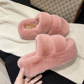 女外穿春秋时尚 松糕大码 厚底增高跟毛毛拖鞋 毛绒办公室内居家棉拖