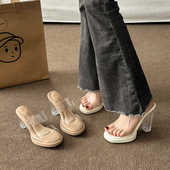 外穿水晶跟粗跟凉拖鞋 踩屎感厚底防水台透明一字带高跟凉鞋 女夏季