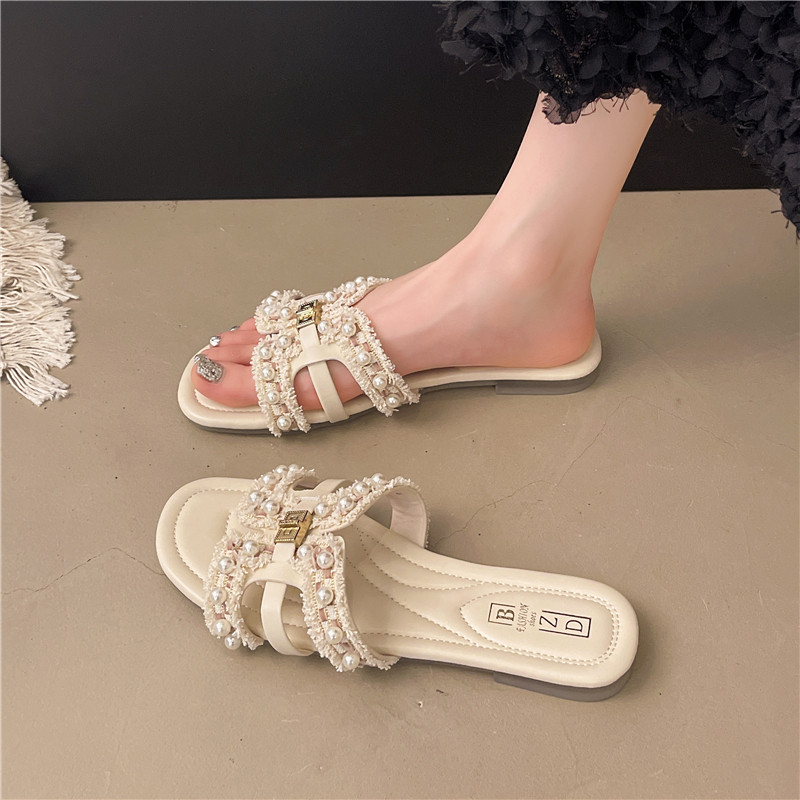 小香风平底一字拖女夏外穿2025新款法式气质绝美珍珠海边沙滩拖鞋,女鞋,一字拖,淘宝优惠券,粉丝福利购,淘宝优惠卷