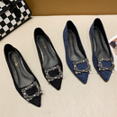 浅口尖头软底百搭黑色职业工作鞋 绒面平底水钻方扣单鞋 女2025新款