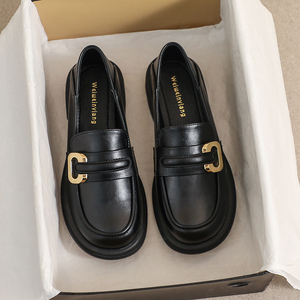 厚底乐福鞋女圆头2023新款一脚蹬小皮鞋英伦风复古粗跟软底单鞋女