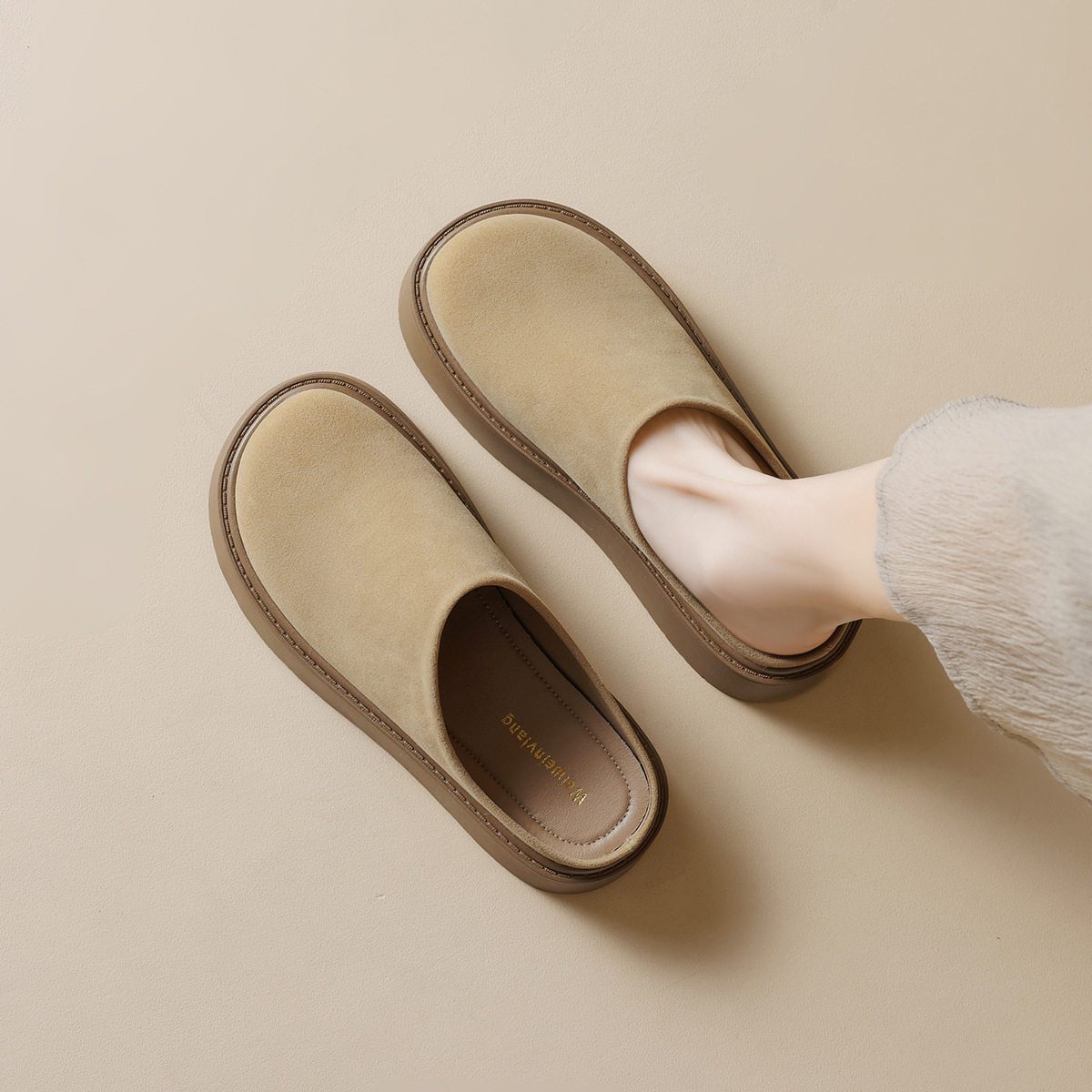 羊皮版~法式圆头厚底包头拖鞋女2026新款温柔配裙子外穿勃肯拖鞋