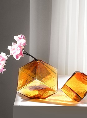 凹面魔方形水培玻璃花瓶家居软装插花工艺品几何花瓶摆件彩色玻璃