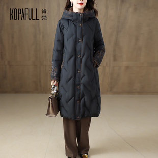 长款过膝加厚羽绒服女2025冬季高端妈妈装大码复古刺绣鹅绒服外套