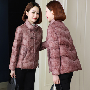 国风印花立领轻薄短款羽绒服女2025中式盘扣立领妈妈装白鹅绒外套