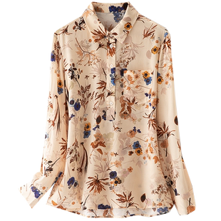 18姆米重磅双绉真丝衬衫女长袖套头上衣复古印花宽松桑蚕丝衬衣女