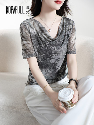 短袖网纱真丝T恤女妈妈装