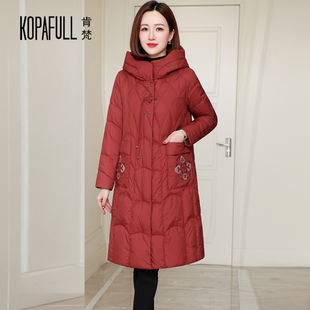 2025冬高端品牌加厚羽绒服女中长款大码连帽国风绣妈妈装鹅绒外套