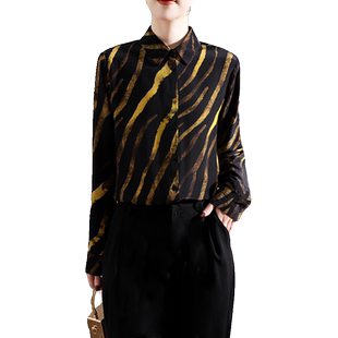 肯梵2025秋重磅双绉真丝衬衫女长袖通勤职业装宽松虎纹桑蚕丝衬衣