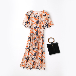 2025夏重磅双绉真丝连衣裙女中长款时尚系带显瘦100%桑蚕丝印花裙