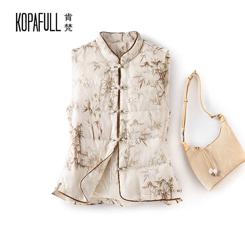 中式立领轻薄鹅绒羽绒马夹女外穿2024冬复古印花盘扣无袖背心保暖,女装/女士精品,马夹,淘宝优惠券,粉丝福利购,淘宝优惠卷