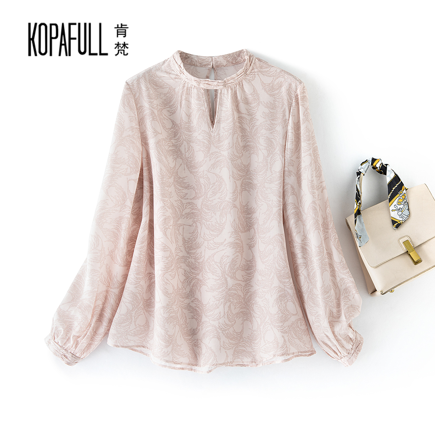 粉色印花真丝衬衫女设计感上衣