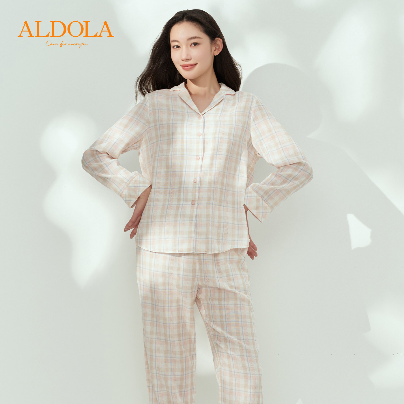 雅黛俪女士格子磨毛衬衫领睡衣套装舒适翻领家居服