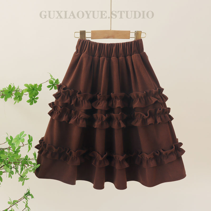 女童秋冬2025新款半身裙边灯芯绒时尚加厚甜美洋气木耳边裙子