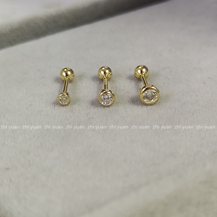迷你小锆石包镶螺丝耳钉925纯银镀14k金多耳洞小耳骨钉可叠戴免摘