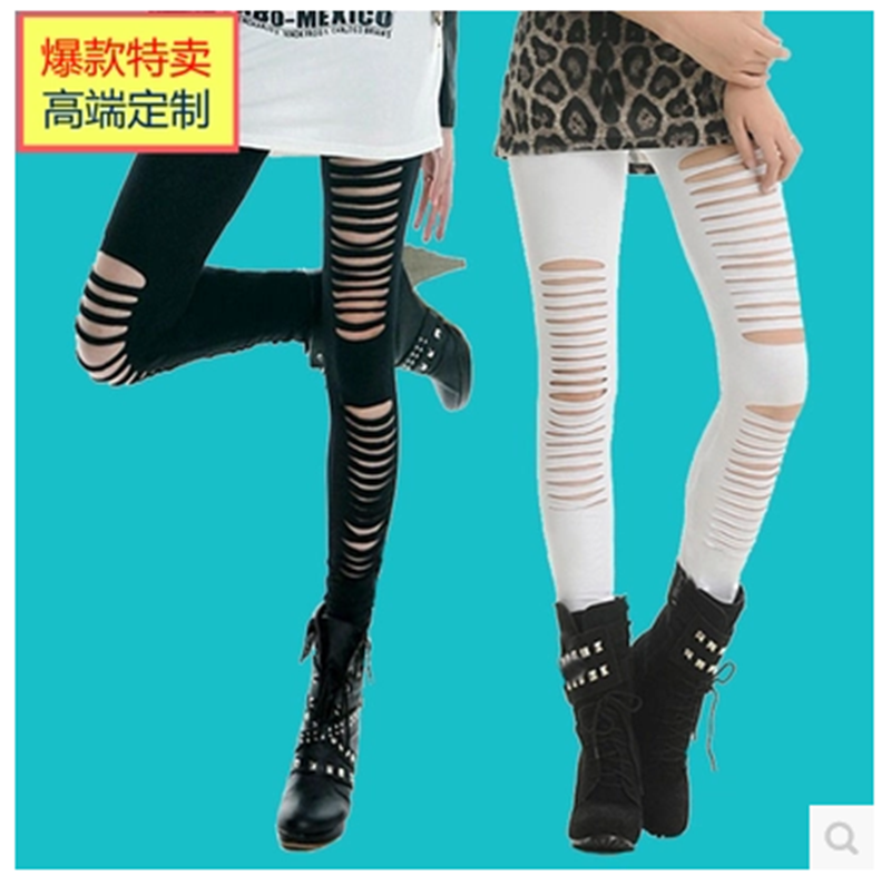 春夏薄款纯棉个性破洞打底裤女外穿大码显瘦紧身裤小脚裤九分裤